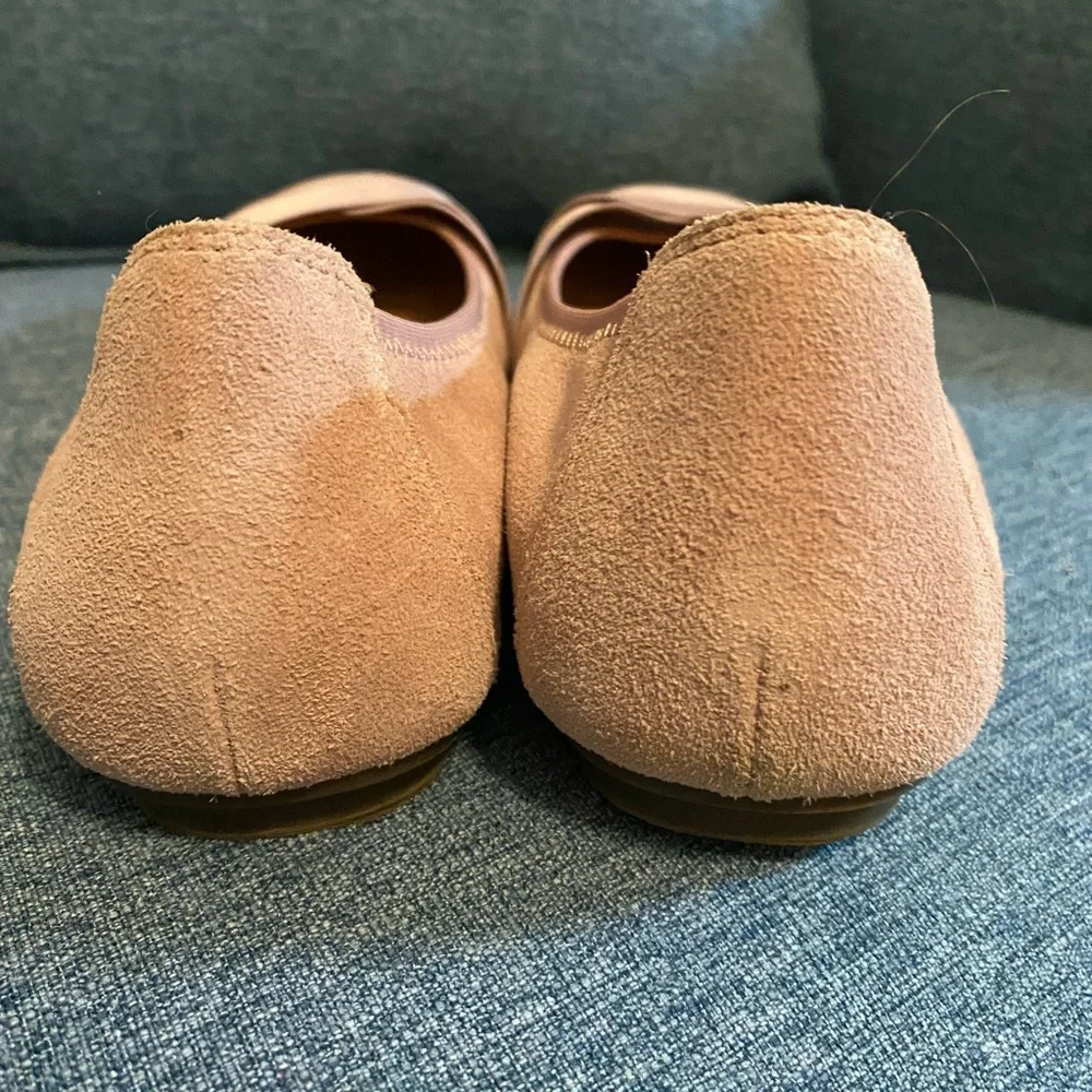 Vionic Women's Light Pink Suede Flats with Crisscross Ribbon design on front. - Picture 3 of 8